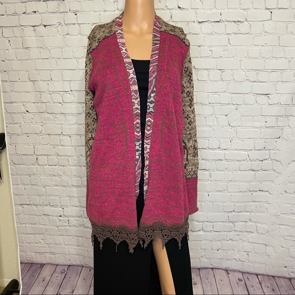 Sharon young size XS pink tan boho long sleeve light sweater cardigan